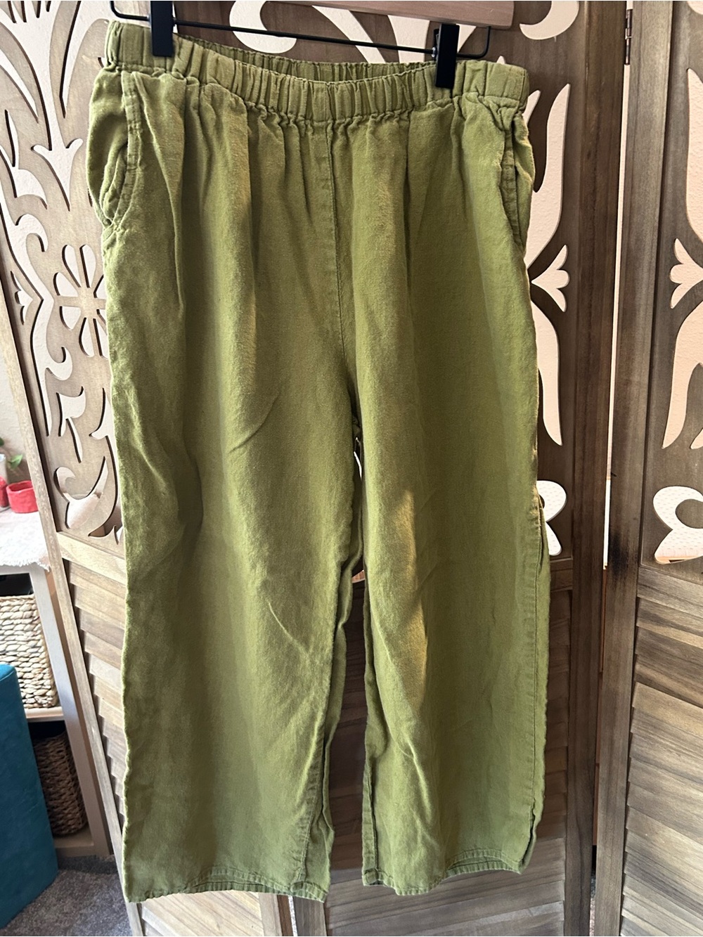 Flax Linen Relaxed Stretch Waist Crop Linen Pants Green